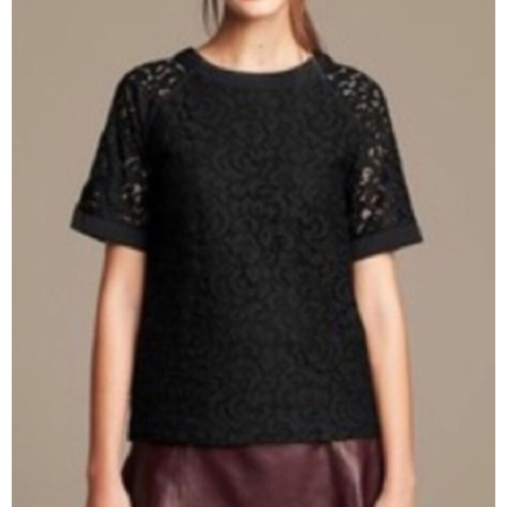 Banana Republic Black Lace Lined Blouse Top Raglan Sleeves Nylon Blend  Sz M
